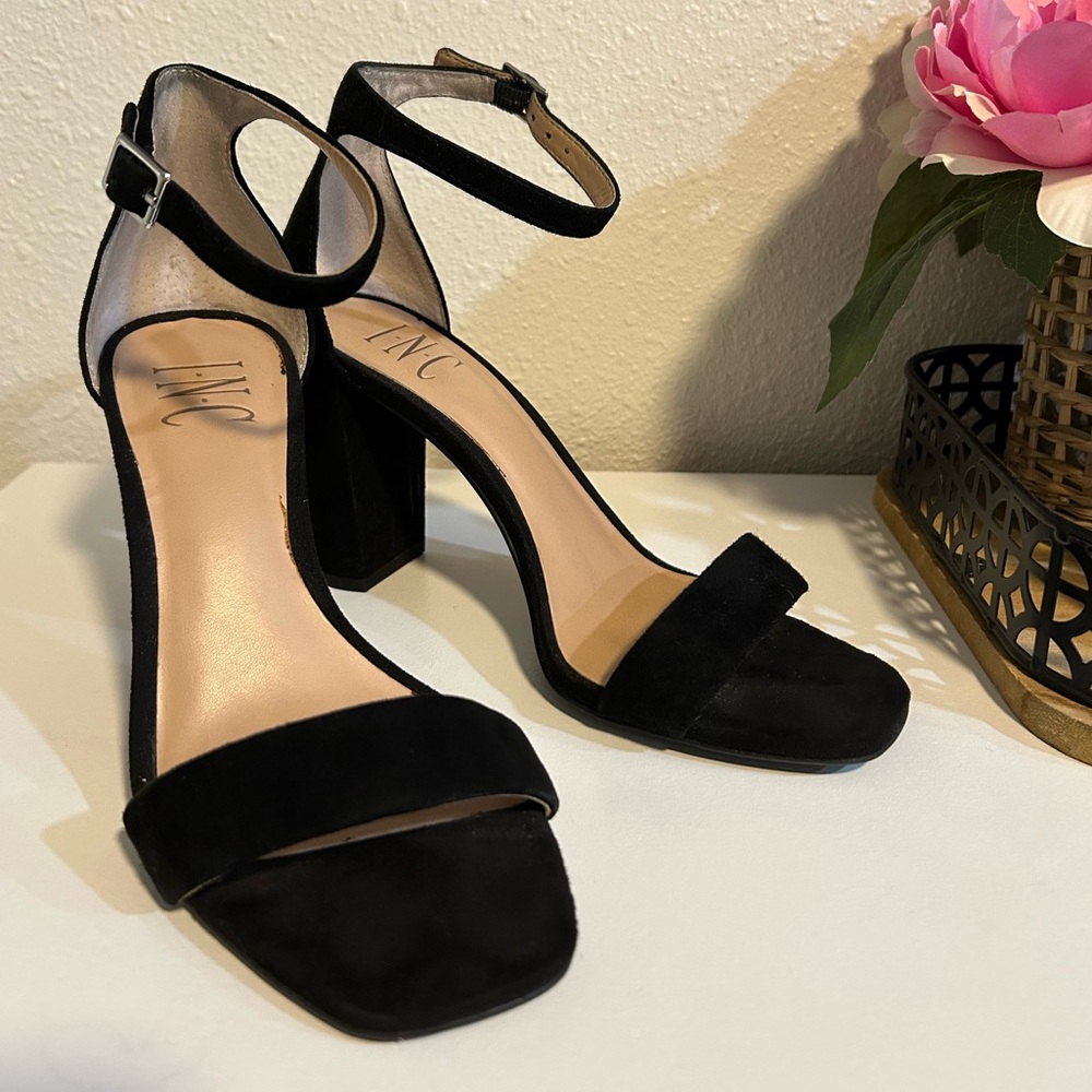 Black Block Heels Sandals with Ankle Straps, Size 5